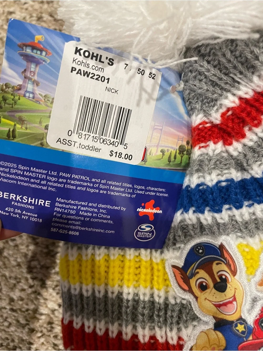 Kohl's Paw Patrol Stripe Pom Beanie and Mittens - Gray, Red, Blue, Yellow, White